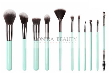 Custom 11 Pieces Synthetic Haired Taklon Makeup Brushes Kit With Mint Green Handle