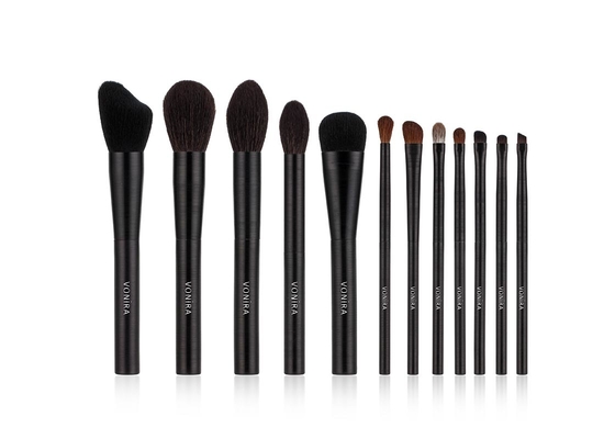 Natural Vegan Hair Makeup Brush Set 12pcs With Black Wire Drawing Metal Handle