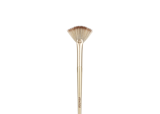 Vonira Beauty Studio Makeup Cosmetic Highlighter Fan Brush With Golden Aluminum Ferrule Birch Wooden Handle
